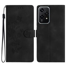 Custodia per telefono in pelle con motivo a farfalla e fiore per Honor 200 Lite (nero)