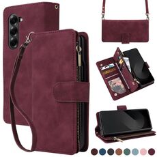 Per Samsung Galaxy Z Fold6 5G Custodia a tracolla con cerniera in pelle con slot multi-carta (rosso vino)