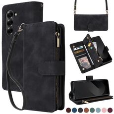 Per Samsung Galaxy Z Fold6 5G Custodia a tracolla con cerniera in pelle con slot multi-card (nero)