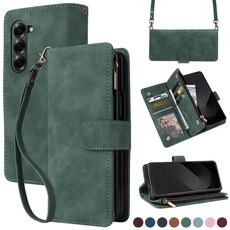 Per Samsung Galaxy Z Fold6 5G Custodia a tracolla con cerniera in pelle con slot multi-card (verde)