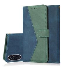 Custodia per telefono in pelle con cuciture bicolore per Honor 200 (blu verde)