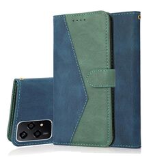 Custodia per telefono in pelle con cuciture bicolore per Honor 200 Lite Global (blu verde)