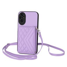 Per Honor 200 Pro 5G Rhombic Texture Card Bag RFID Custodia per telefono con cordino lungo (viola chiaro)