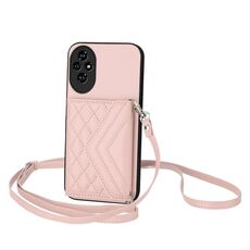Per Honor 200 Pro 5G Rhombic Texture Card Bag RFID Custodia per telefono con cordino lungo (oro rosa)