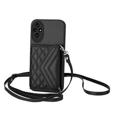 Per Honor 200 Pro 5G Rhombic Texture Card Bag RFID Custodia per telefono con cordino lungo (nero)