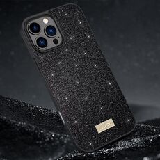 Per iPhone 16 Pro Max SULADA Custodia per telefono in pelle fatta a mano con TPU ibrida in PC glitterato (nero)