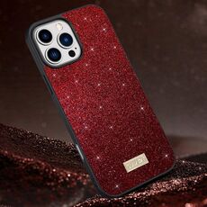 Per iPhone 16 Pro Max SULADA Custodia per telefono in pelle fatta a mano con TPU ibrida in PC glitterato (rosso)