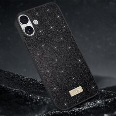 Per iPhone 16 Plus SULADA Custodia per telefono in pelle fatta a mano con TPU ibrida in PC glitterato (nero)