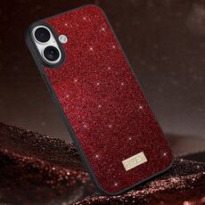Per iPhone 16 Plus SULADA Custodia per telefono in pelle fatta a mano con TPU ibrida in PC glitterato (rosso)