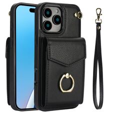 Per iPhone 16 Pro Max Custodia per telefono con supporto ad anello RFID e slot per schede (nero)
