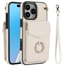 Per iPhone 16 Pro Max Custodia per telefono con supporto ad anello RFID e slot per schede (beige)