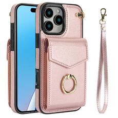 Per iPhone 16 Pro Max Custodia per telefono con supporto ad anello RFID e slot per schede (oro rosa)