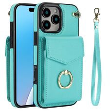 Per iPhone 16 Pro Max Custodia per telefono con supporto ad anello RFID e slot per schede (verde menta)