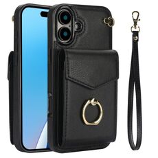 Per iPhone 16 Plus Custodia per telefono con anello RFID e slot per schede (nero)