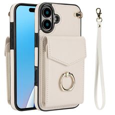 Per iPhone 16 Plus Custodia per telefono con anello RFID e slot per schede (beige)