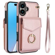 Per iPhone 16 Plus Custodia per telefono con supporto ad anello RFID e slot per schede (oro rosa)