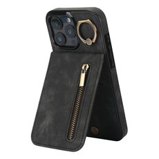 Per iPhone 16 Pro Max Custodia per telefono con anello retrò e cerniera RFID Card Slot (nero)