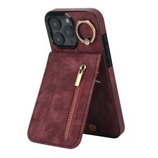 Per iPhone 16 Pro Max Custodia per telefono con anello retrò e cerniera RFID Card Slot (rosso vino)