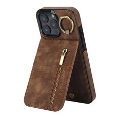 Per iPhone 16 Pro Max Custodia per telefono con anello retrò e cerniera RFID Card Slot (marrone)