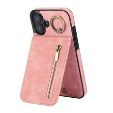 Per iPhone 16 Plus Custodia per telefono con anello retrò e cerniera RFID Card Slot (rosa)