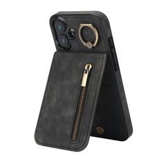 Per iPhone 16 Plus Custodia per telefono con anello retrò e cerniera RFID Card Slot (nero)