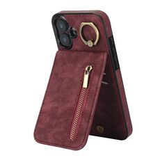 Per iPhone 16 Plus Custodia per telefono con anello retrò e cerniera RFID Card Slot (rosso vino)