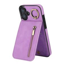 Per iPhone 16 Plus Custodia per telefono con anello retrò e cerniera RFID Card Slot (viola)