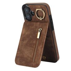 Per iPhone 16 Plus Custodia per telefono con anello retrò e cerniera RFID Card Slot (marrone)