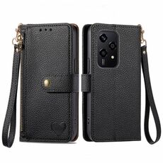 Custodia per telefono in pelle con cordino e cerniera Love per Honor 200 Lite (nera)