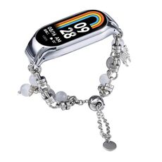 Per cinturino per orologio Xiaomi Mi Band 8 in onice con perline di cristallo (argento + farfalla)