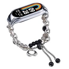 Per cinturino per orologio Xiaomi Mi Band 8 in onice con perline di cristallo (argento + perla nera)