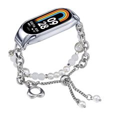Per Xiaomi Mi Band 8 cinturino in onice con perline di cristallo (argento + perla bianca)