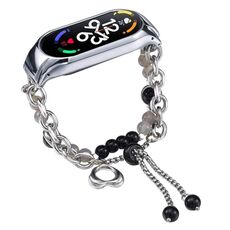 Per Xiaomi Mi Band 7 Cinturino per orologio in onice con perline di cristallo (argento + perla nera)