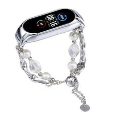 Per cinturino per orologio Xiaomi Mi Band 5/6 in onice con perline di cristallo (argento + perline di cristallo)