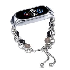 Per cinturino per orologio Xiaomi Mi Band 5/6 in onice con perline di cristallo (argento + perlina di agata)