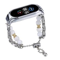 Per cinturino per orologio Xiaomi Mi Band 5/6 in onice con perline di cristallo (colletto in argento + rame)