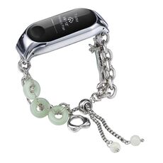 Per cinturino per orologio Xiaomi Mi Band 3/4 in onice con perline di cristallo (argento + ciambella di giada)