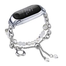 Per cinturino per orologio Xiaomi Mi Band 3/4 in onice con perline di cristallo (argento + perla bianca)