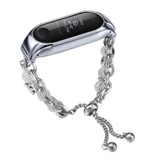 Per cinturino per orologio Xiaomi Mi Band 3/4 in onice con perline di cristallo (argento + testa di leopardo)