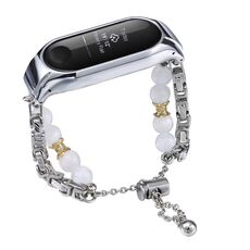 Per cinturino per orologio Xiaomi Mi Band 3/4 in onice con perline di cristallo (colletto in argento + rame)