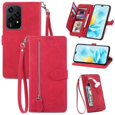 Custodia per telefono in pelle con cerniera fiore goffrato per Honor 200 Lite (rossa)