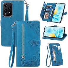 Custodia per telefono in pelle con cerniera fiore goffrato per Honor 200 Lite (blu)