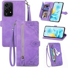 Custodia per telefono in pelle con cerniera fiore goffrato per Honor 200 Lite (viola)