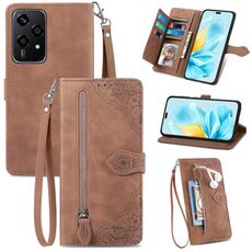 Custodia per telefono in pelle con cerniera fiore goffrato per Honor 200 Lite (marrone)