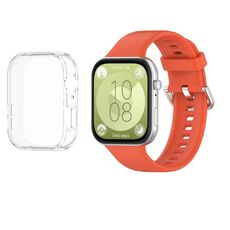 Per Huawei Watch Fit3 cinturino in silicone morbido + set di custodie protettive per orologio trasparente (arancione)