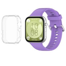 Per Huawei Watch Fit3 cinturino morbido in silicone + set custodia protettiva trasparente per orologio (viola lilla)