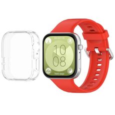Per Huawei Watch Fit3 cinturino in silicone morbido + set di custodie protettive per orologio trasparente (rosso)