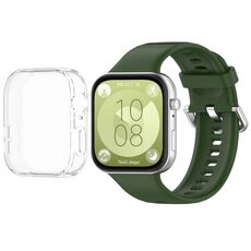Per Huawei Watch Fit3 cinturino morbido in silicone + set custodia protettiva trasparente per orologio (verde militare)