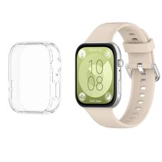 Per Huawei Watch Fit3 cinturino morbido in silicone + set custodia protettiva trasparente per orologio (bianco avorio)