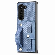 Per Samsung Galaxy Z Fold6 Custodia per cellulare con copertura posteriore per carta con cavalletto da polso (blu)